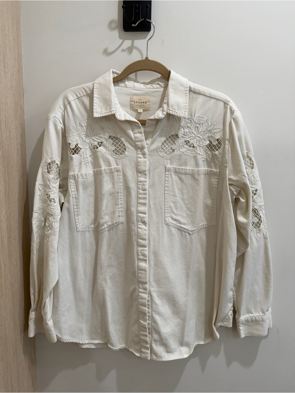 Sézane Cream Button-Down Shirt with Lace Cutouts